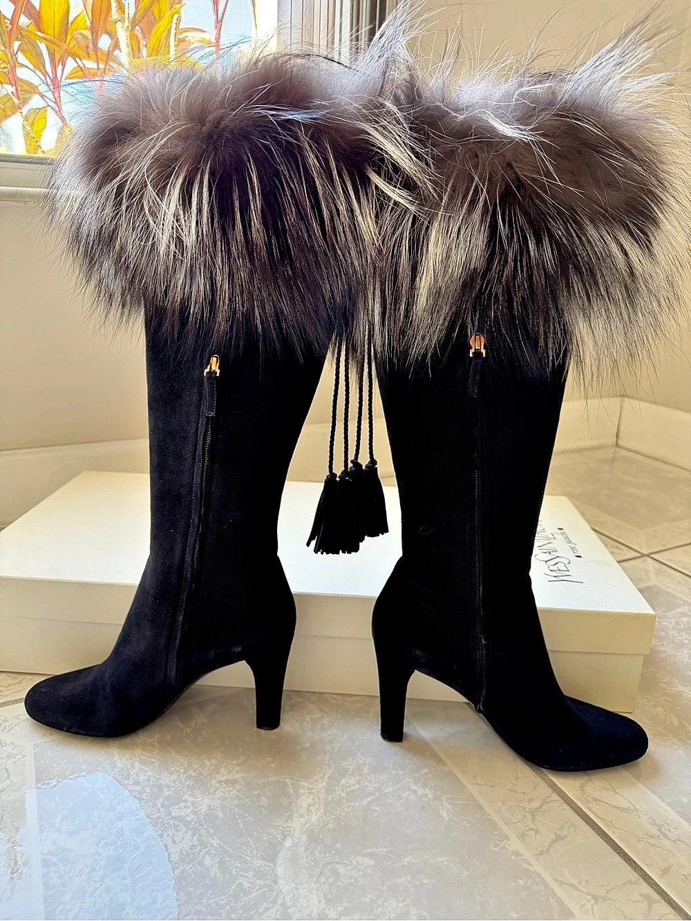 Saint Laurent Black Fur-Trim Over-the-Knee Heeled Boots